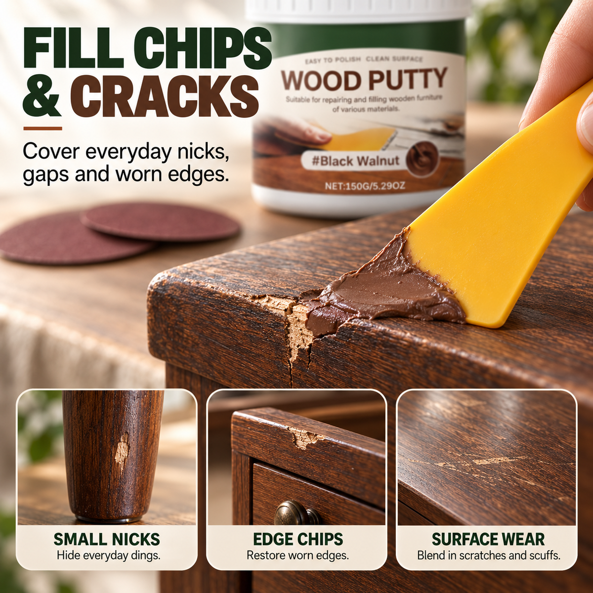 🟫 Wood Repair Filler Putty – Fills Cracks & Chips, Smooths Surfaces, Blends with Dark Wood