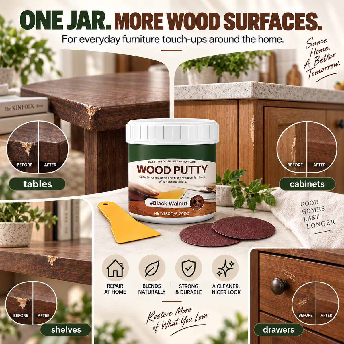 🟫 Wood Repair Filler Putty – Fills Cracks & Chips, Smooths Surfaces, Blends with Dark Wood