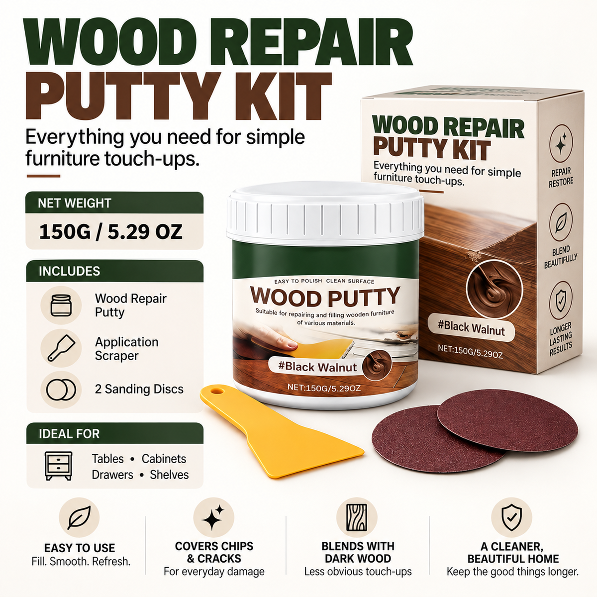 🟫 Wood Repair Filler Putty – Fills Cracks & Chips, Smooths Surfaces, Blends with Dark Wood