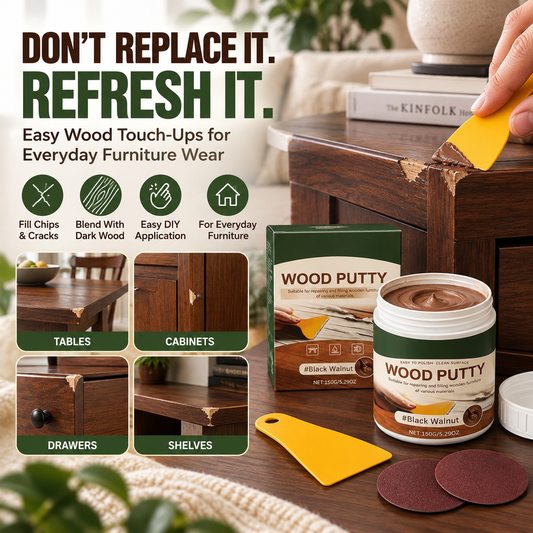 🟫 Wood Repair Filler Putty – Fills Cracks & Chips, Smooths Surfaces, Blends with Dark Wood