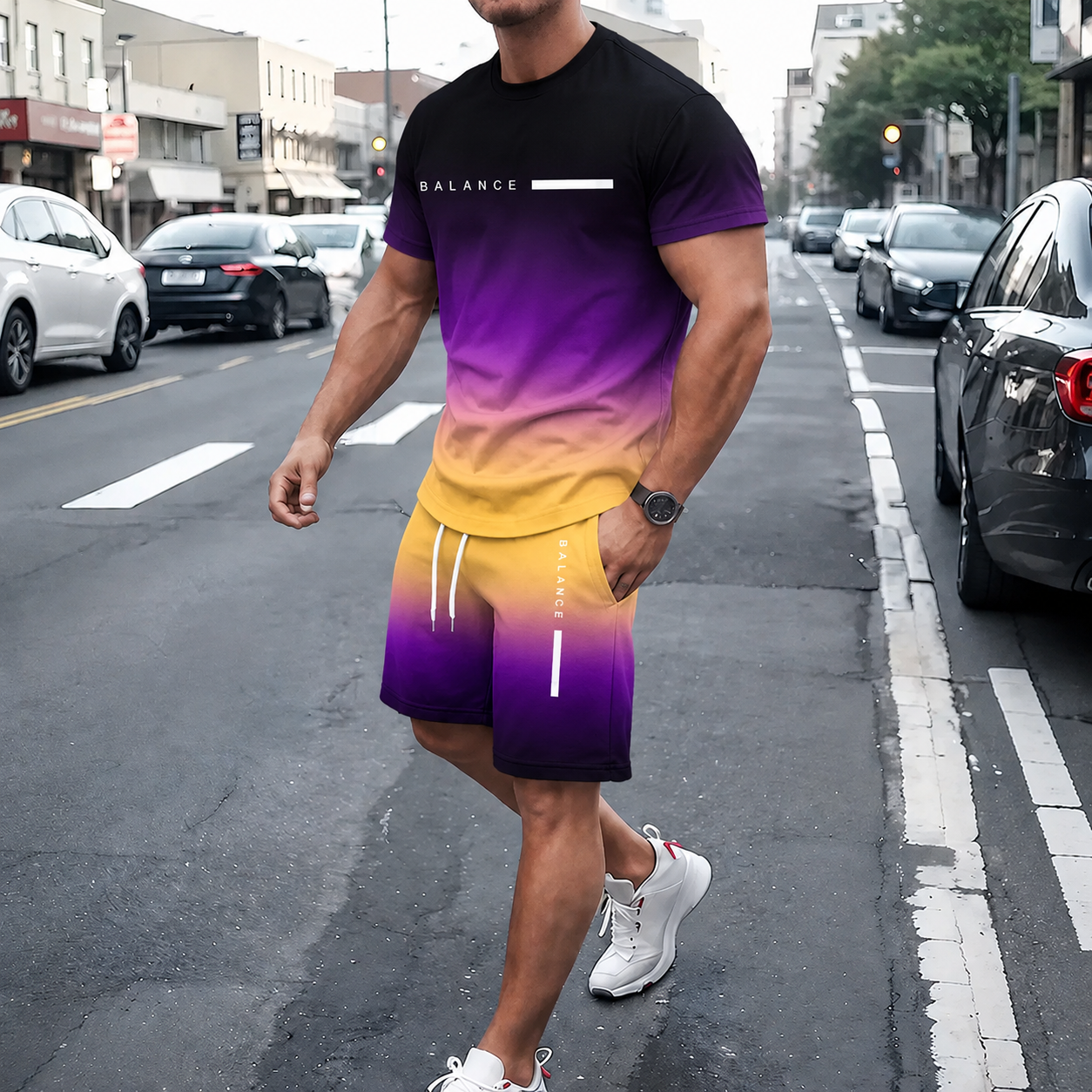 ⚡ Men’s Gradient Short Sleeve Tracksuit 2-Piece Set
