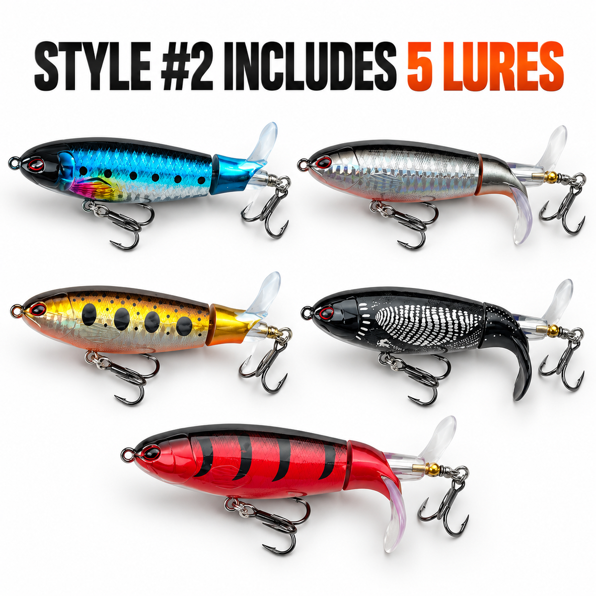 🔥50% OFF 🐟 5-Pack Rotating-Tail Topwater Lures – Long-Cast Action for Bass & Pike