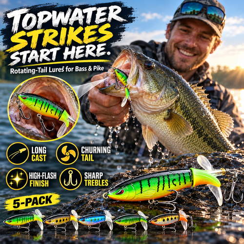 🔥50% OFF 🐟 5-Pack Rotating-Tail Topwater Lures – Long-Cast Action for Bass & Pike