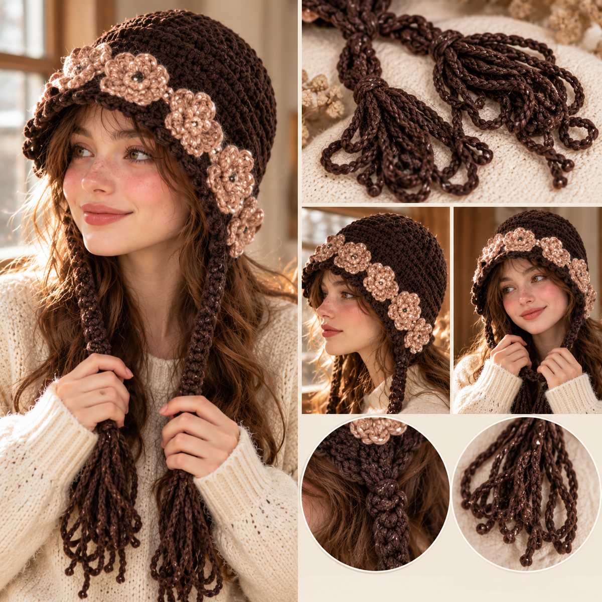 Women's Vintage Floral Crochet Bonnet Hat – 3D Flowers & Tassel Ties