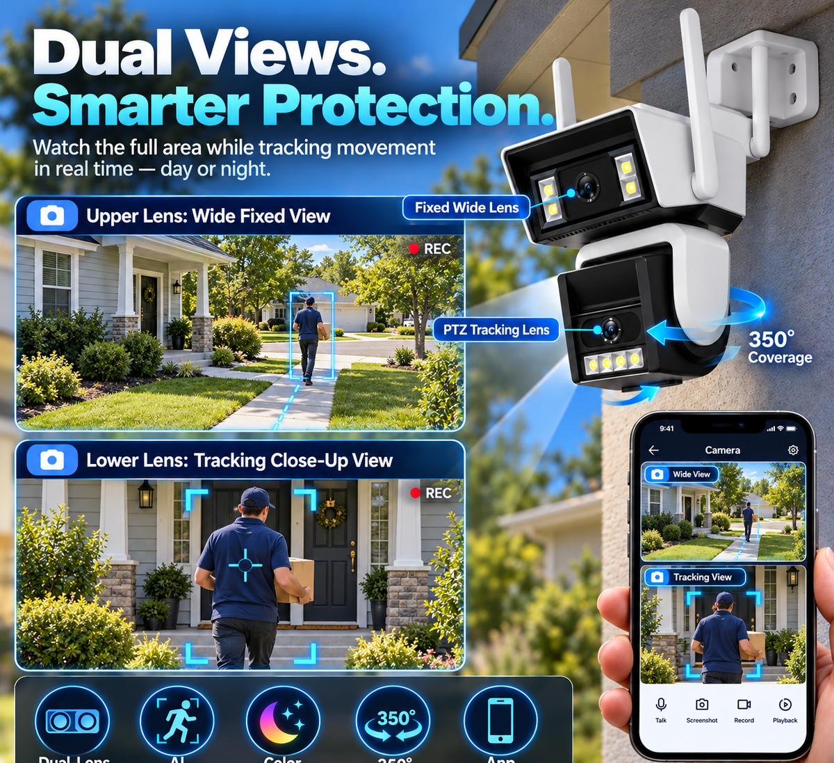 🔥 Dual-Lens 1080P HD Outdoor WiFi Security Camera – AI Motion Tracking, 350° PTZ, Color Night Vision, Two-Way Audio & IP66 Waterproof