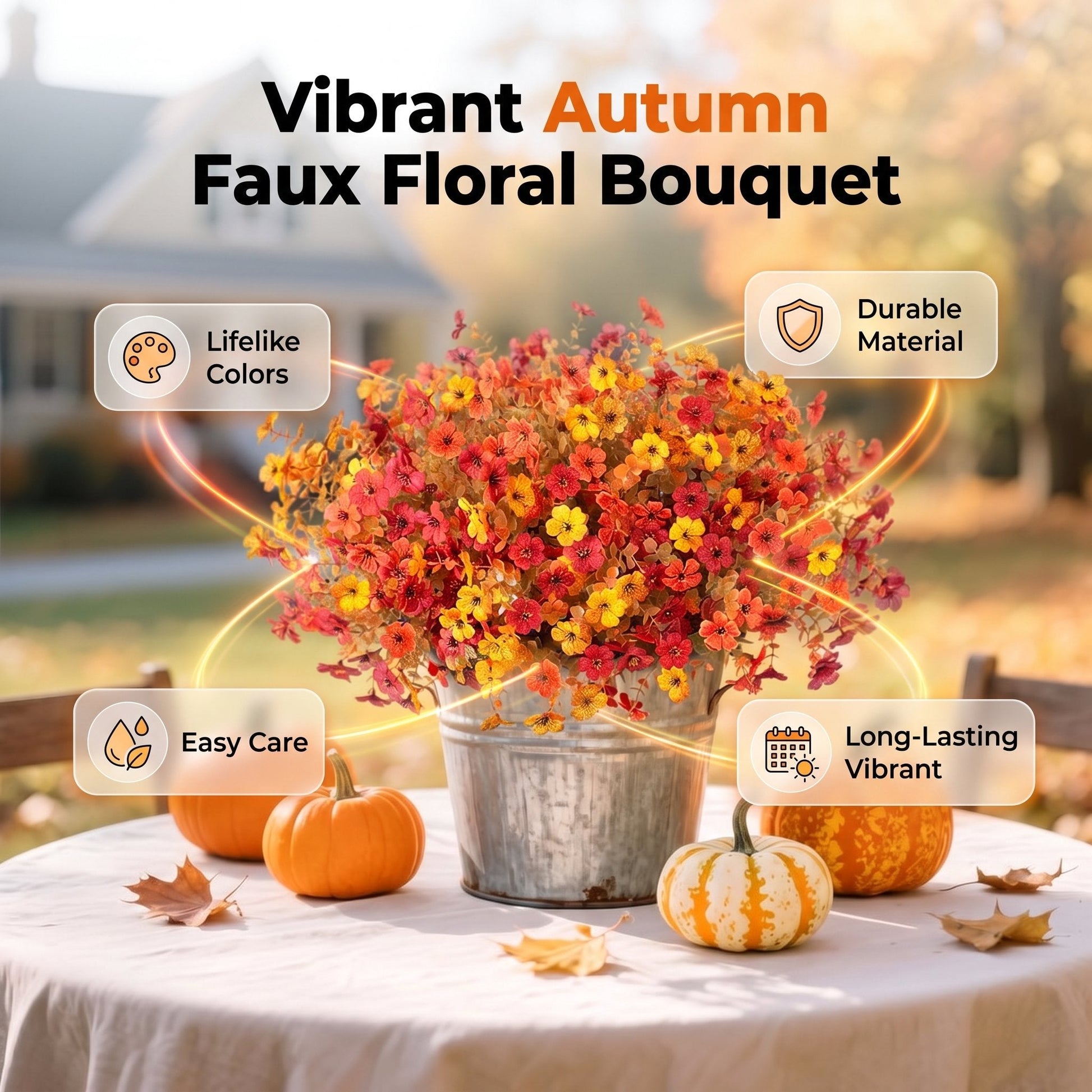 🍂🧡Artificial Autumn Violet Flower Bouquet – Weatherproof Faux Fall Floral Stems for Porch & Home