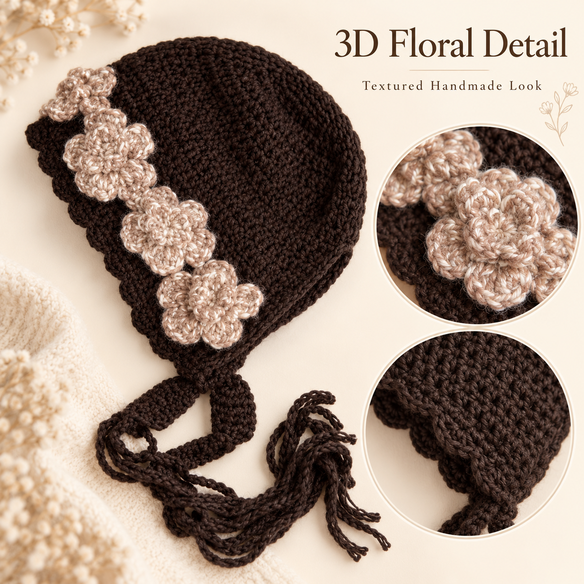 Women's Vintage Floral Crochet Bonnet Hat – 3D Flowers & Tassel Ties