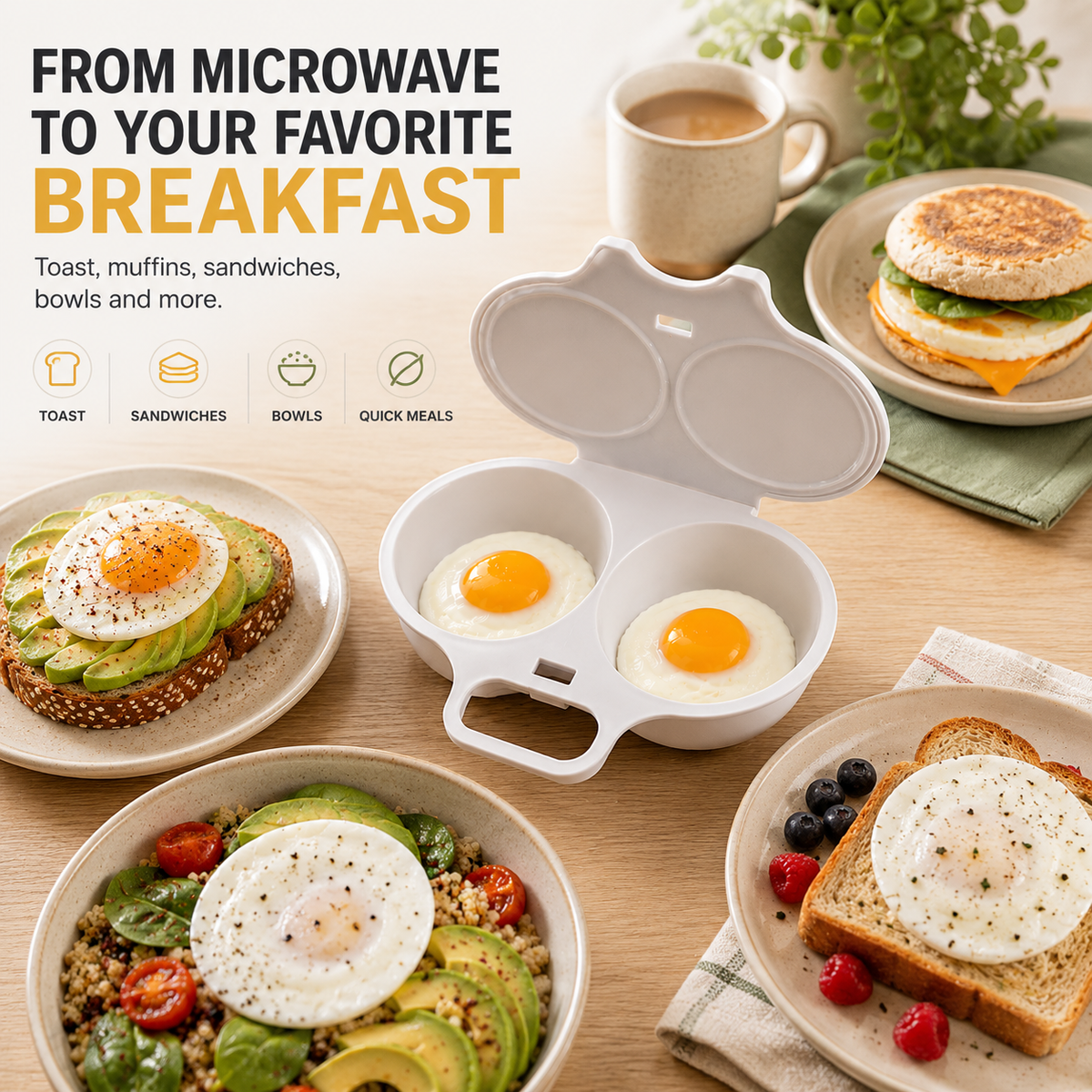 Microwave Dual‑Cavity Egg Poacher with Lid & Handle