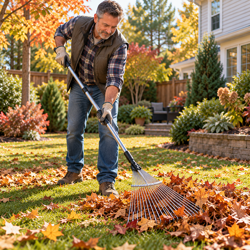 Adjustable garden rake gathering leaves