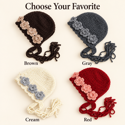 Women's Vintage Floral Crochet Bonnet Hat – 3D Flowers & Tassel Ties