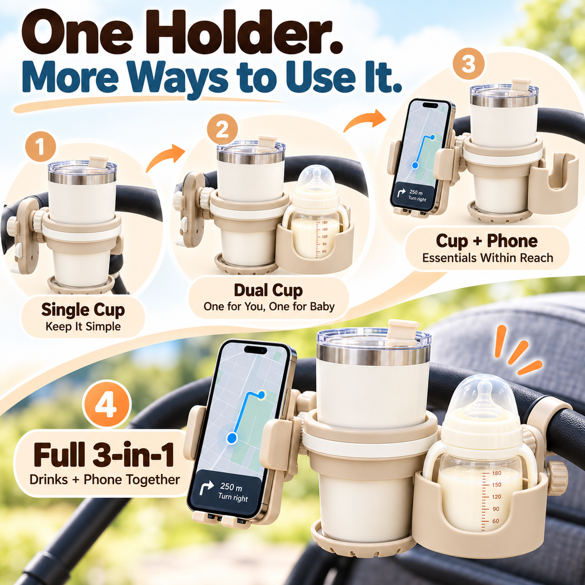 🍼 3-in-1 Stroller Cup Holder with Phone & Baby Bottle Holder – Everyday Convenience for Parents on the Go