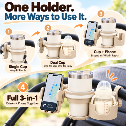 🍼 3-in-1 Stroller Cup Holder with Phone & Baby Bottle Holder – Everyday Convenience for Parents on the Go